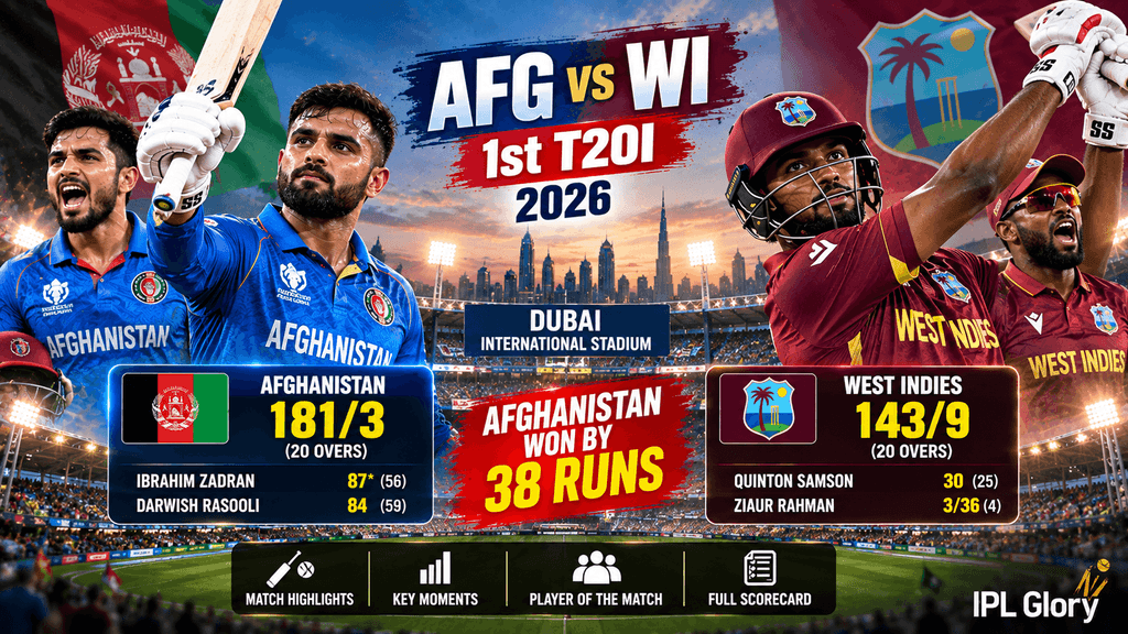 Afghanistan vs West Indies 1st T20I 2026 match highlights, Afghanistan defeating West Indies by 38 runs at Dubai International Stadium.