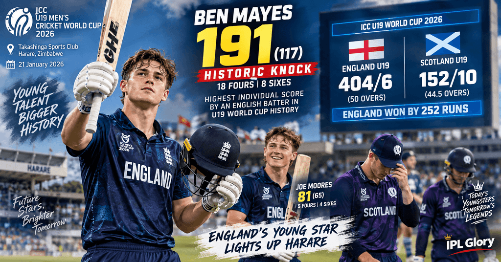 Ben Mayes celebrates his historic 191 off 117 as England U19 beat Scotland by 252 runs in the 2026 U19 World Cup