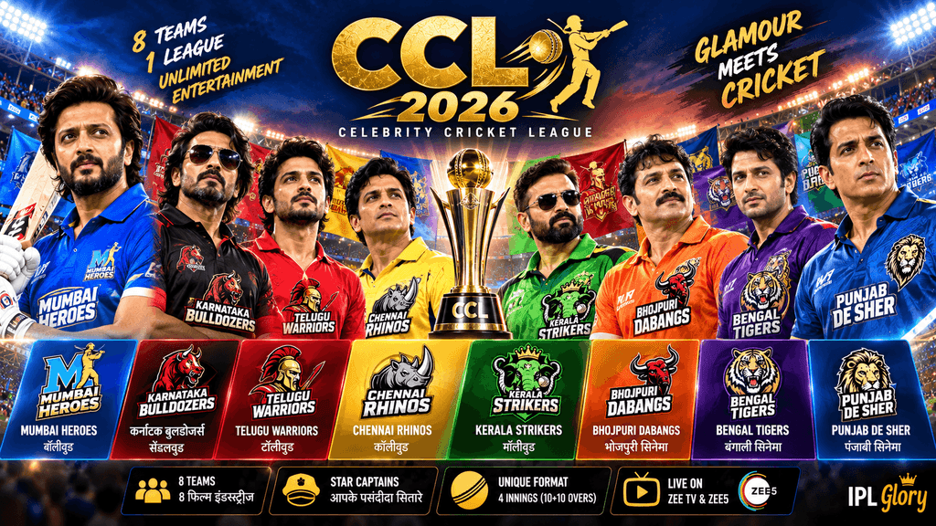 CCL 2026: सेलेब्रिटी क्रिकेट लीग का रोमांच शुरू! टीमें, कप्तान, नियम और शेड्यूल की पूरी जानकारी 1 CCL 2026 Celebrity Cricket League featuring eight teams including Mumbai Heroes, Karnataka Bulldozers, Telugu Warriors and Kerala Strikers, with the CCL trophy