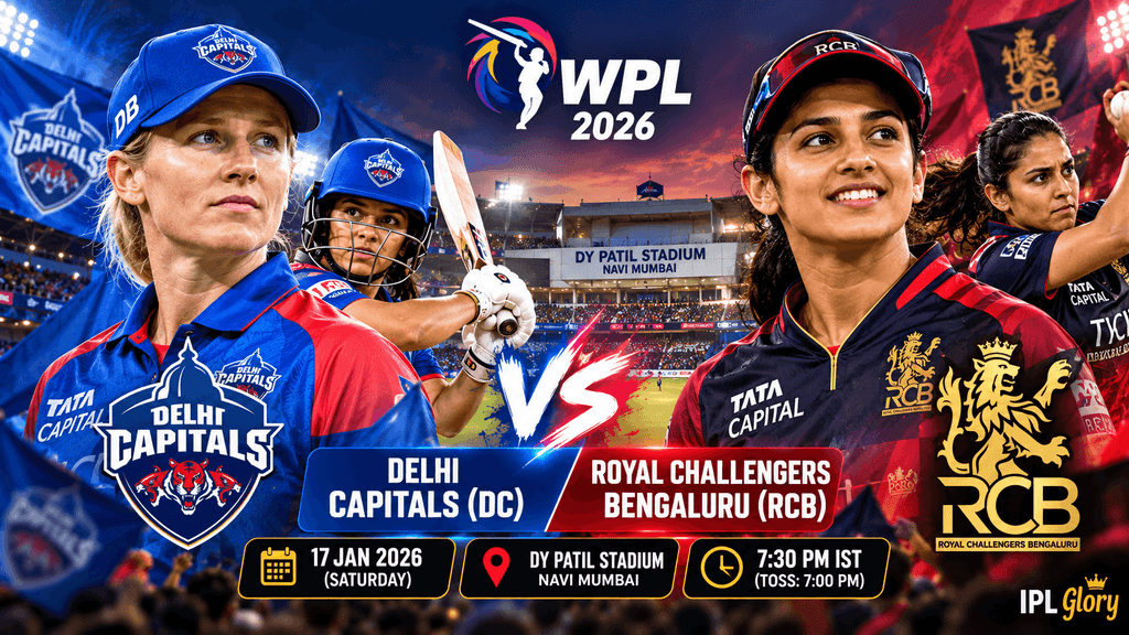 Delhi Capitals vs Royal Challengers Bengaluru WPL 2026 match preview featuring Meg Lanning and Smriti Mandhana at DY Patil Stadium, Navi Mumbai, on 17 January 2026.