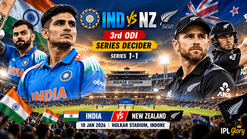 India vs New Zealand 3rd ODI 2026 series decider preview at Holkar Stadium Indore, featuring Indian and New Zealand cricket players ahead of the final match with the series tied 1-1.