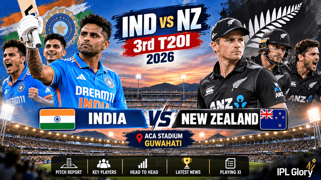 India vs New Zealand 3rd T20I 2026 match preview featuring Indian and New Zealand cricket players at ACA Stadium Guwahati.