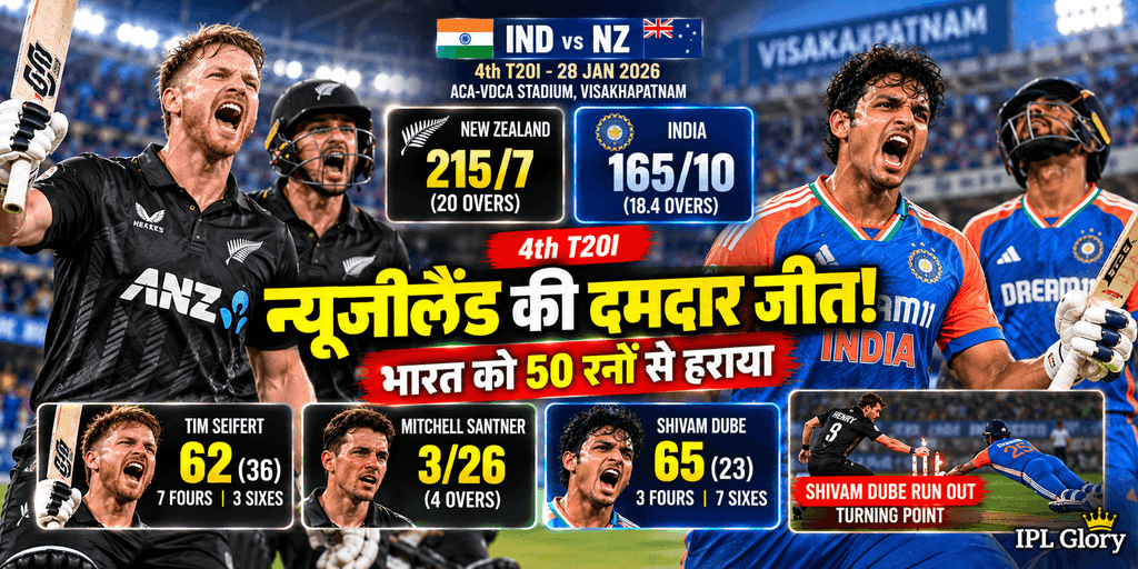 IND vs NZ 4th T20 Highlights: शिवम दुबे की 65 रनों की तूफानी पारी गई बेकार, न्यूजीलैंड ने भारत को 50 रनों से हराया! 1 न्यूजीलैंड ने भारत को चौथे T20I में 50 रन से हराया, टिम सेफर्ट के 62 रन और शिवम दुबे के 65 रन की शानदार पारी