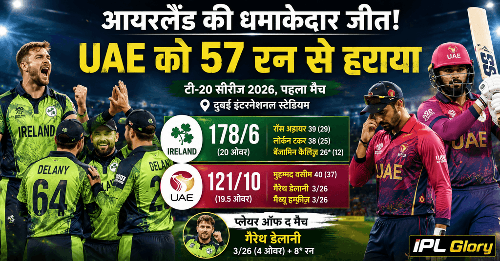 आयरलैंड ने UAE को पहले टी20 मैच में 57 रन से हराया, गैरेथ डेलानी ने 3 विकेट लेकर प्लेयर ऑफ द मैच का खिताब जीता