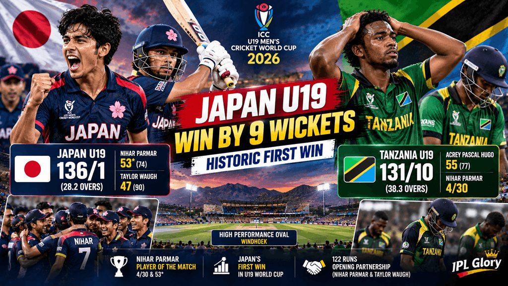 Japan vs Tanzania U19 World Cup 2026: जापान की ऐतिहासिक पहली जीत, Nihar Parmar का शानदार ऑलराउंड प्रदर्शन - Match Highlights 1 Japan U19 beat Tanzania U19 by 9 wickets in the ICC U19 World Cup 2026, with Nihar Parmar starring with 53 and 4/30*
