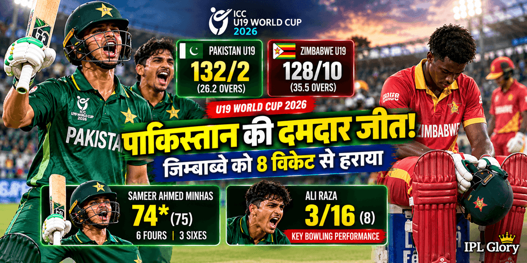 PAK vs ZIM U19 World Cup 2026 Highlights: समीर मिन्हास का तूफान, पाकिस्तान ने जिम्बाब्वे को 8 विकेट से रौंदा 1 पाकिस्तान U19 ने जिम्बाब्वे U19 को 8 विकेट से हराया, समीर मिन्हास की नाबाद 74 रन की पारी और अली रजा की 3/16 गेंदबाजी