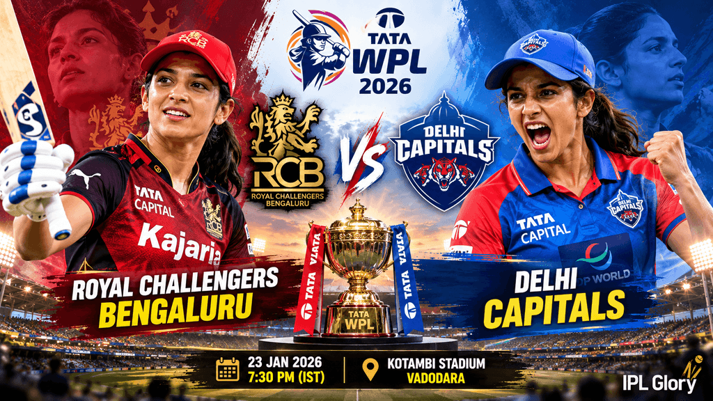 RCB vs Delhi Capitals WPL 2026 match preview featuring Smriti Mandhana and Jemimah Rodrigues at Kotambi Stadium, Vadodara.