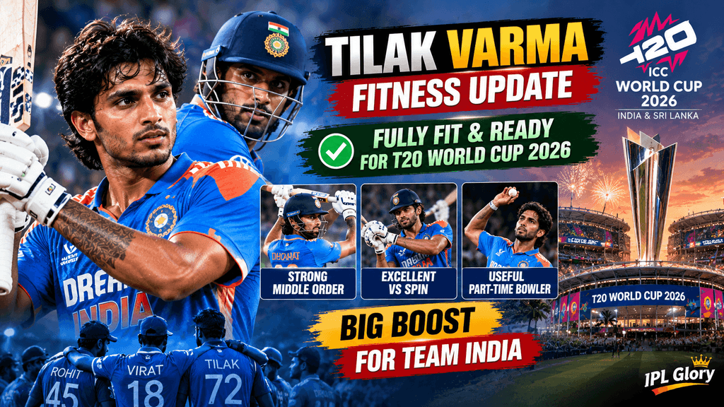 Tilak Varma fitness update ahead of T20 World Cup 2026, highlighting his role as an Indian middle-order batsman and part-time bowler