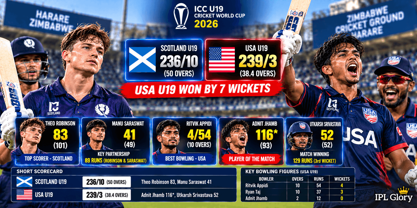 Adnit Jhamb का तूफान! USA vs Scotland U19 World Cup 2026: अमेरिका ने स्कॉटलैंड को 7 विकेट से रौंदा, देखें मैच हाइलाइट्स 2 Adnit Jhamb का तूफान! USA vs Scotland U19 World Cup 2026: अमेरिका ने स्कॉटलैंड को 7 विकेट से रौंदा, देखें मैच हाइलाइट्स
