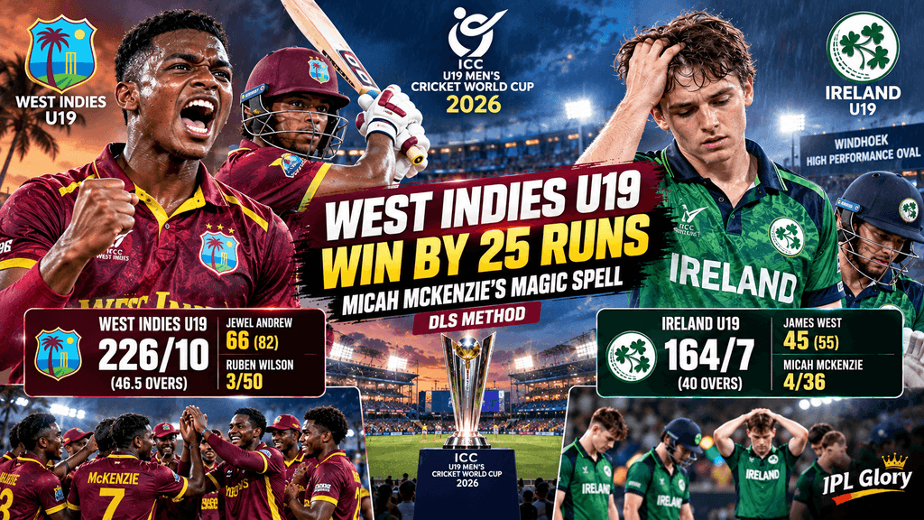 WI vs IRE U19 World Cup 2026: मीका मैकेंजी की घातक गेंदबाजी, वेस्टइंडीज ने आयरलैंड को रोमांचक मैच में चटाई धूल 1 West Indies U19 beat Ireland U19 by 25 runs via DLS in the ICC U19 World Cup 2026 Super-6, with Micah McKenzie taking 4/36