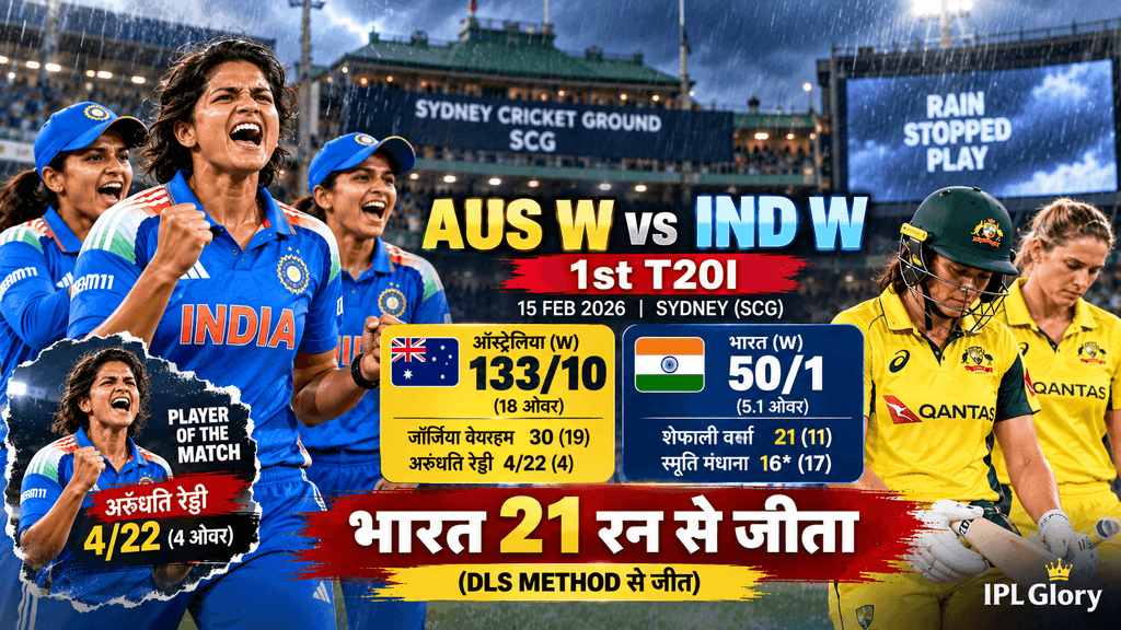 India Women celebrate their 21-run DLS victory over Australia in the 1st T20I at Sydney Cricket Ground on 15 February 2026, with Arundhati Reddy taking 4 wickets for 22 runs.