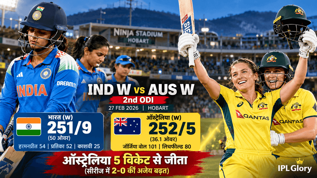 India Women vs Australia Women 2nd ODI 2026 in Hobart, Georgia Voll celebrates her century as Australia defeats India by 5 wickets to take a 2-0 series lead.