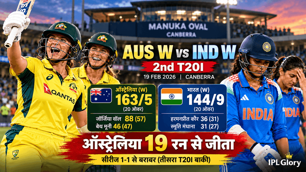 Australia Women vs India Women 2nd T20I 2026 at Manuka Oval Canberra, Georgia Voll scores 88 runs as Australia defeats India by 19 runs to level the series 1-1.