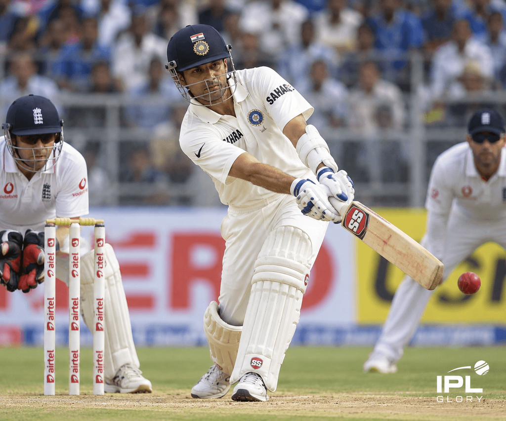 Rahul Dravid in India Test jersey playing a classical flick shot during a cricket match