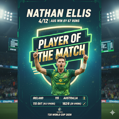 T20 World Cup 2026: ऑस्ट्रेलिया बनाम आयरलैंड मैच की पूरी रिपोर्ट। Nathan एलिस के 4 विकेट और मार्कस स्टोइनिस की पारी ने दिलाई बड़ी जीत। अभी पढ़ें हाईलाइट्स!