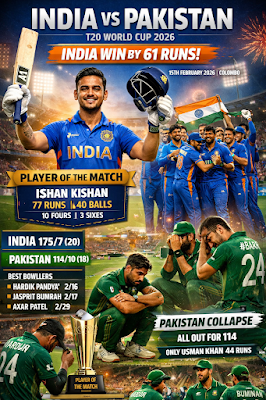 IND vs PAK 2026: ईशान किशन का तूफान! भारत ने पाकिस्तान को 61 रनों से रौंदा, देखें मैच हाइलाइट्स