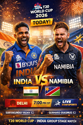 T20 World Cup 2026: भारत बनाम नामीबिया मैच प्रेडिक्शन, पिच रिपोर्ट, हेड-टू-हेड रिकॉर्ड और की-प्लेयर्स की पूरी जानकारी। देखें आज की संभावित प्लेइंग 11