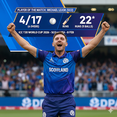 Scotland vs Italy T20 World Cup 2026: माइकल लीस्क का तूफान और मुन्से की धमाकेदार पारी, स्कॉटलैंड ने इटली को रौंदा!
