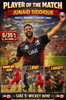 UAE vs CAN Highlights 2026: जुनैद के 5 विकेट और आर्यांश की तूफानी पारी, UAE ने कनाडा को रौंदा!