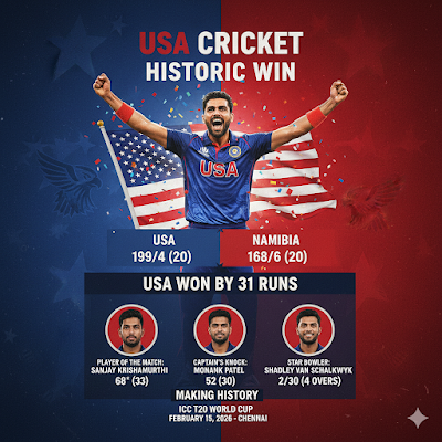 USA vs Namibia Highlights 2026: अमेरिका की ऐतिहासिक जीत! संजय कृष्णमूर्ति का तूफान और मोनांक पटेल का वर्ल्ड रिकॉर्ड