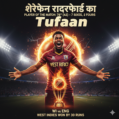 WI vs ENG 11 Feb 2026 Match Highlights: Sherfane Rutherford की तूफानी 76 रन की पारी और मोती की फिरकी ने इंग्लैंड को हराया।