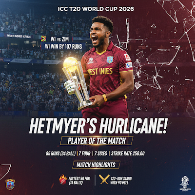 WI vs ZIM Highlights 2026: Hetmyer का तूफ़ान! West Indies ने बनाया वर्ल्ड रिकॉर्ड, Zimbabwe की शर्मनाक हार