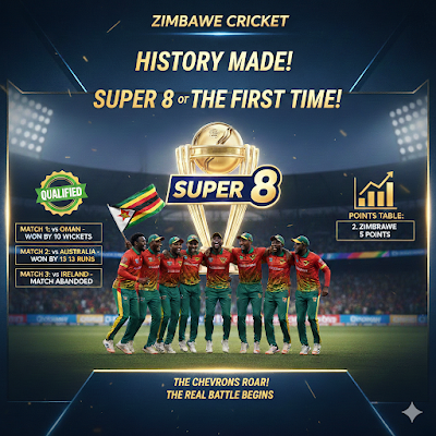 Zimbabwe ने रचा इतिहास! पहली बार T20 World Cup Super 8 में मारी एंट्री, Australia भी हैरान! 1 Zimbabwe ने रचा इतिहास! पहली बार T20 World Cup Super 8 में मारी एंट्री, Australia भी हैरान!