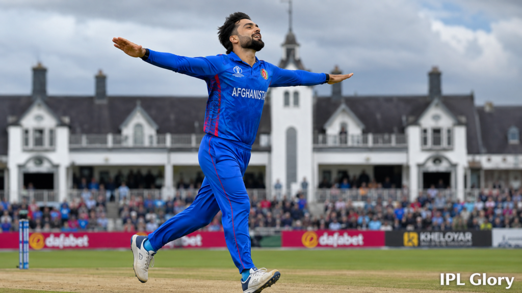 Rashid Khan celebrating after taking a wicket in Afg vs Ire 3rd ODI match, Stormont Belfast.