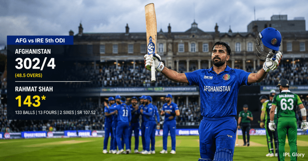 Rahmat Shah celebrates his unbeaten 143 during Afghanistan's historic chase against Ireland in the 5th ODI