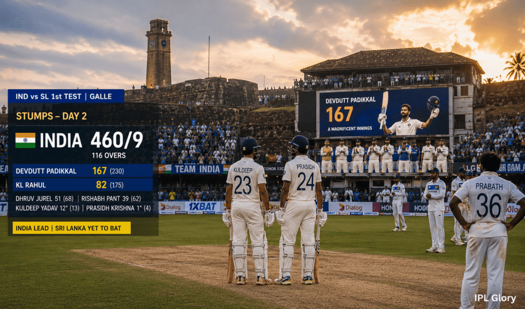 IND vs SL 1st Test Day 2: Devdutt Padikkal का शतक, भारत 460/9 3 India players celebrate after reaching 460 for 9 at stumps on Day 2 of the first Test against Sri Lanka in Galle