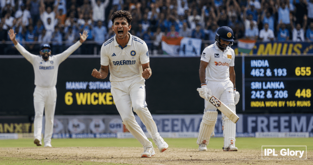 Manav Suthar celebrates taking 6 wickets on Day 5 of the IND vs SL Test match