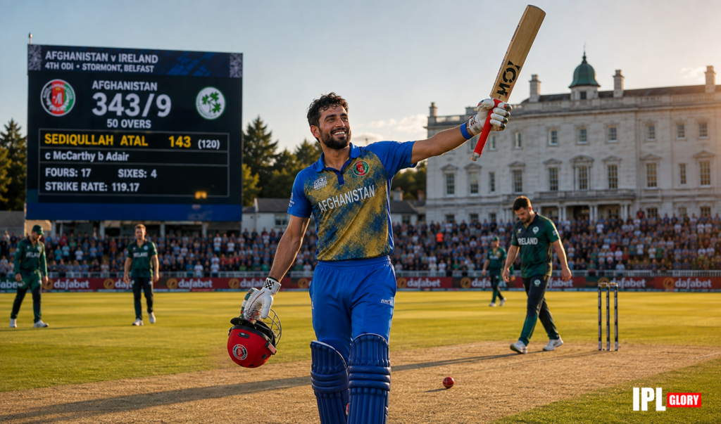 Sediqullah Atal celebrates his brilliant 143-run century-plus innings against Ireland at Stormont Belfast.