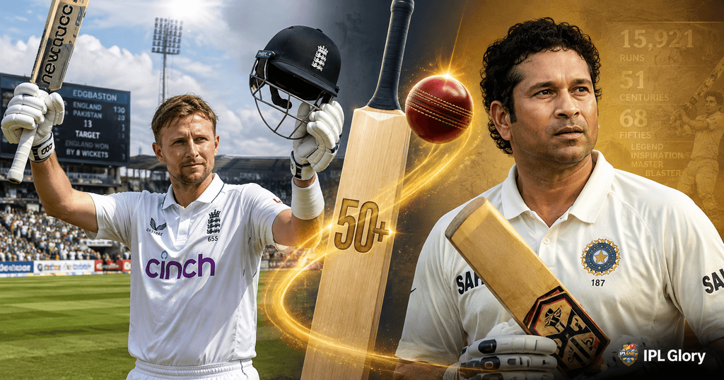 Joe Root celebrates breaking Sachin Tendulkar's record for most Test half-centuries in cricket history.